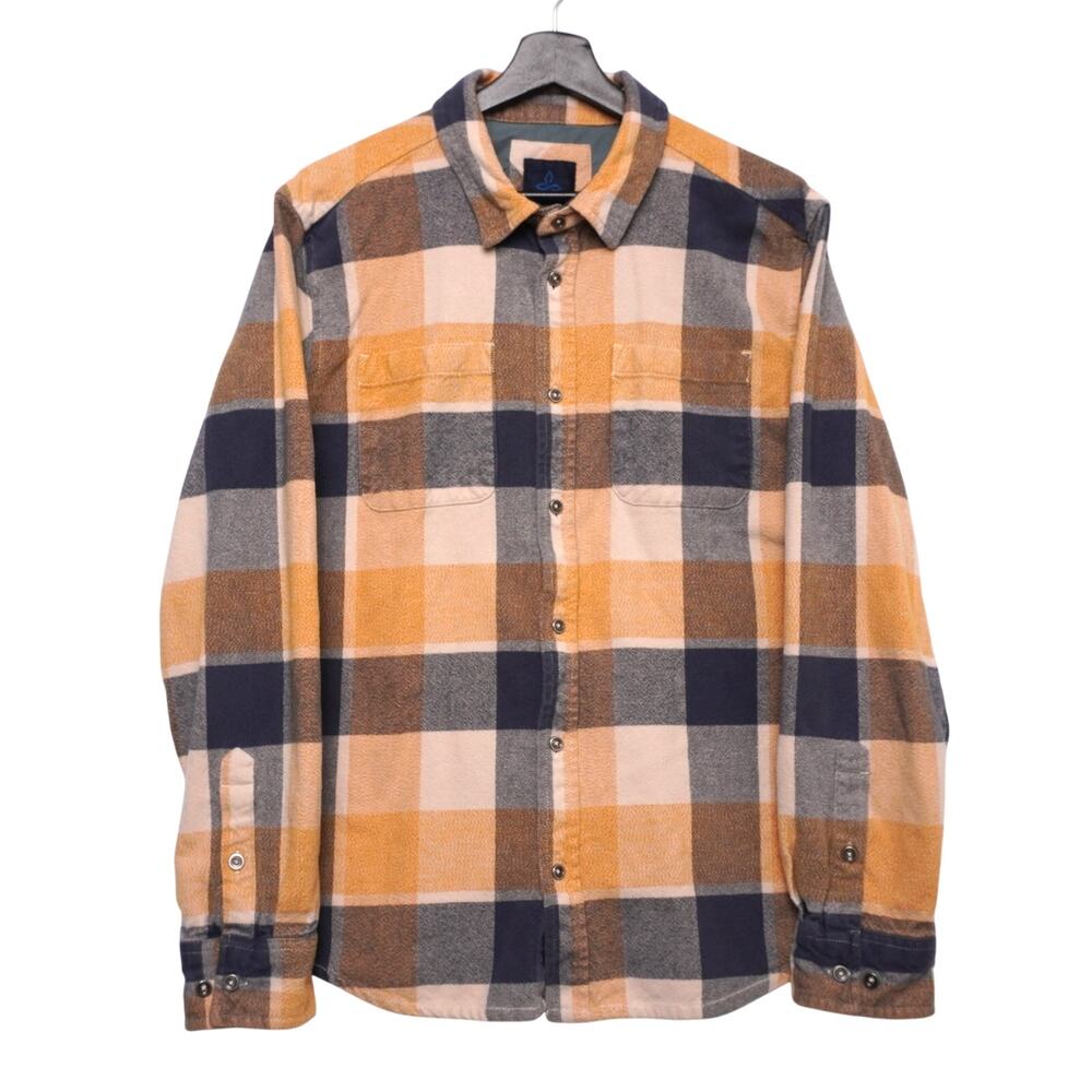 Prana Organic Cotton Flannel Shirt Men's Medium Yellow Navy Plaid Long Sleeve